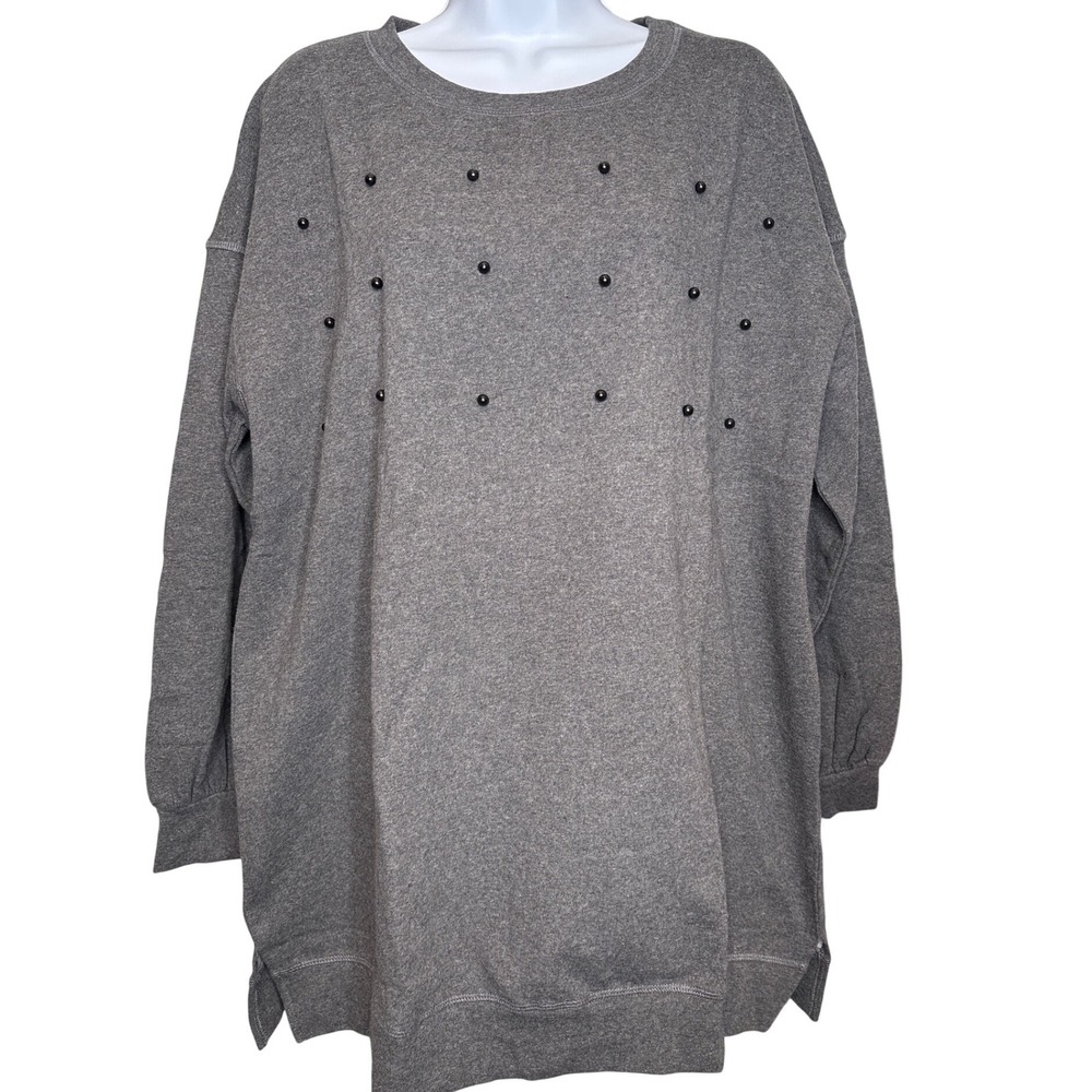 Weekend Suzanne Betro Womens Gray Studded Crew Neck Sweatshirt Size 1X